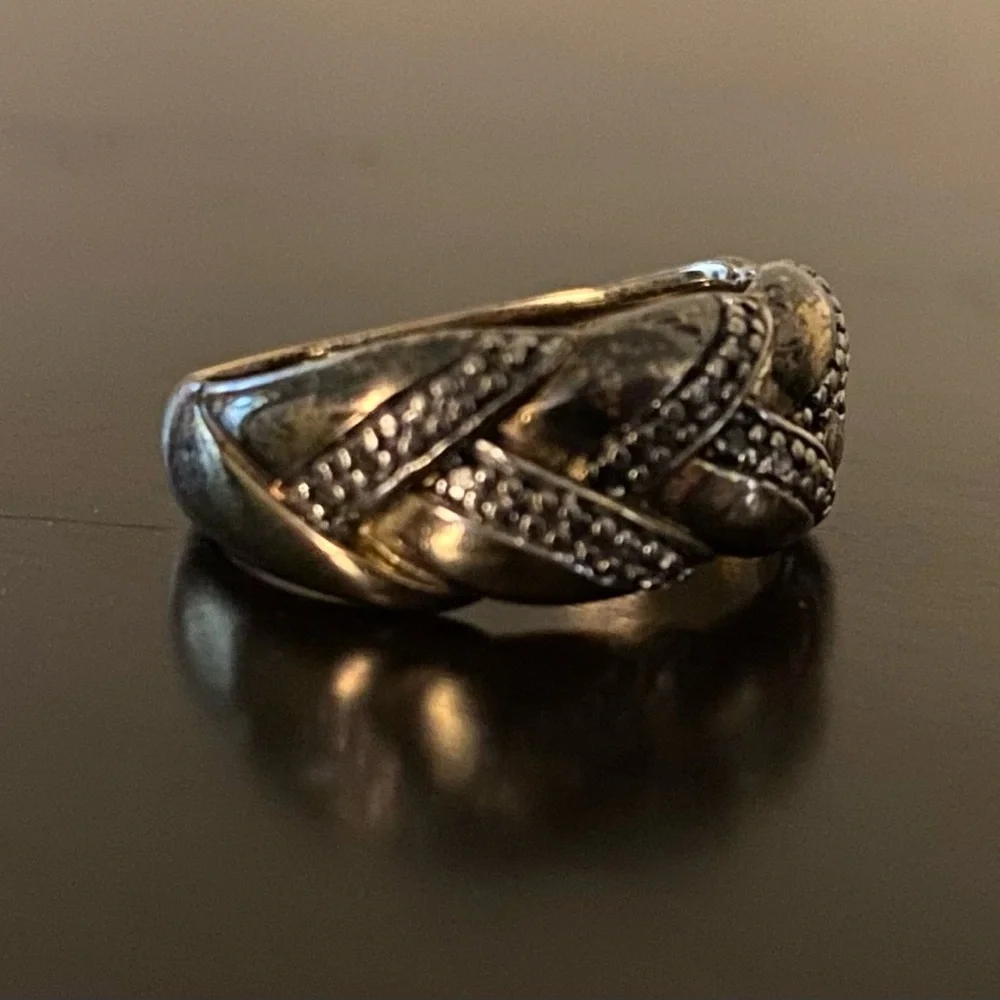 Bold .925 Sterling Silver Gold Vermeil Diamond Chip Band Ring | Size 6.5